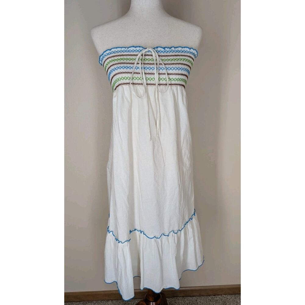 Mossimo Supply Strapless/Halter Dress L White Lined Cotton Ruffle Smocked Beach
